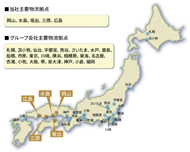 ■当社主要物流拠点：岡山、水島、坂出、三原、広島 ■グループ会社主要物流拠点：札幌、苫小牧、仙台、宇都宮、熊谷、さいたま、水戸、鹿島、船橋、市原、東京、川崎、横浜、相模腹、東海、名古屋、衣浦、小牧、大阪、堺、泉大津、神戸、小倉、福岡